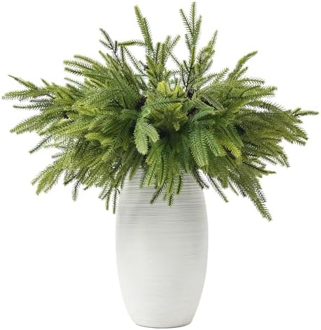 Artificial Christmas Norfolk Pine Stems Branches, 12 PCS Natural Droopy Faux Pine Stems with 5 PCS Pine Cones, Real Touch Christmas Pine Branches Picks for Vase Garland Wreath Table Home Decor