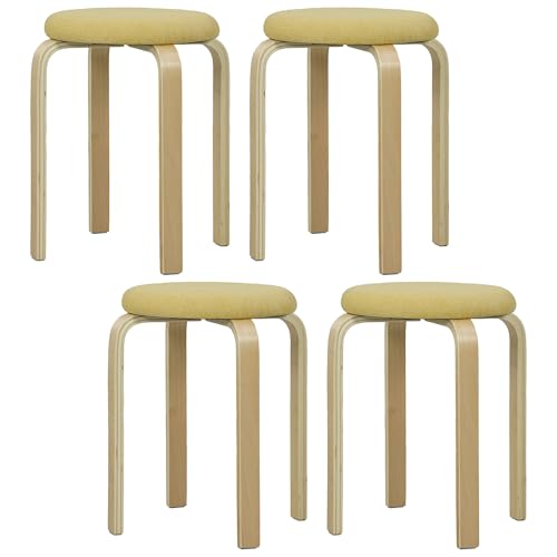 HOMCOM Juego de 4 Taburetes Apilables Redondos Taburetes Bajo de Cocina con Asiento Acolchado para Comedor Dormitorio Oficina Salón Amarillo y Natural