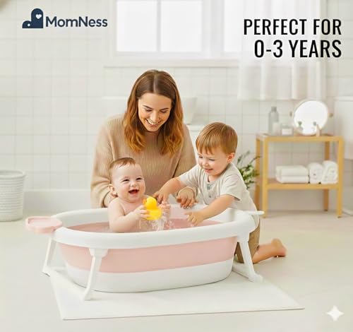 Image of Foldable Baby Bathtub for 0-3 Years | Collapsible Portable Bath Tub with Soap Holder & Drain Plug | Non-Slip Legs, Heat Retention Design, BPA-Free Safe Material (Pink)