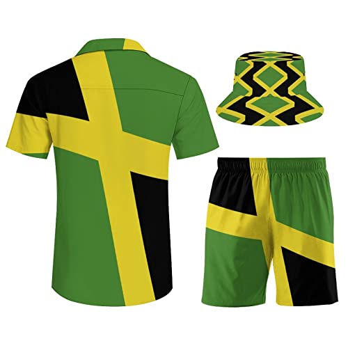 TAIZIYEAH Jamaican Flag Men's Beach Suit 3 Piece Loose Turn Collar Short Sleeve Casual Shirt Top Blouses Sunhat Beach Shorts XS2