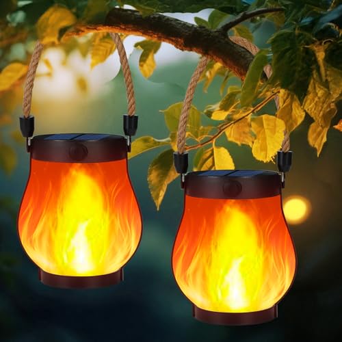 Solar Lanterns Outdoor Waterproof, 2 Pack Dancing Flame Solar Lantern Outdoor Lights, USB/Solar Powered Hanging Outdoor Lanterns Decorative for Outside Porch Yard Garden Patio Decor