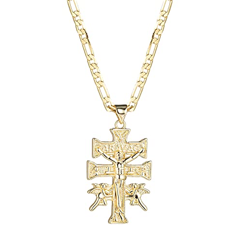 kelistom 14K Gold Silver Tone Stainless Steel Catholic Caravaca Crucifix Cross Charm Pendant with Cherub Angel Necklace for Women Men 3mm Flat Figaro Chain Necklace