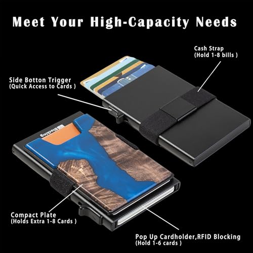 Image of Minimalist Mens Card Holder Wallet, RFID Blocking Slim Smart Pop Up Aluminum Wallet,Holds 12+ Cards,Expandable Compact Plate,Cash Strap /Money Clip (Resin Dark Blue Wood)
