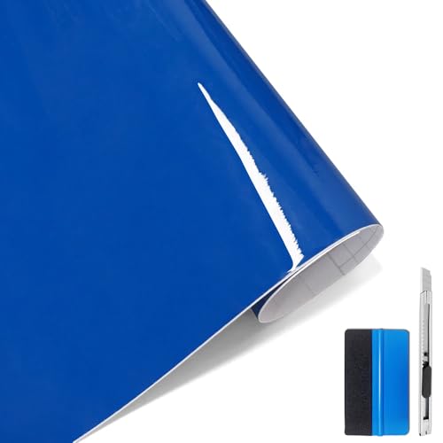 Image of LZLRUN High Gloss Vinyl Realistic Paint Wrap Roll Car Sticker Film Decal Bubble Free Come with Installation Tool Set (Blue, 1ft x 5ft)