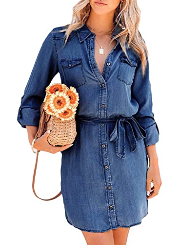 yoeasy Women's Casual Long Sleeve Denim Shirt Dress Retro Tie Waist Classic Button Down Pockets Jean Shirt Dress