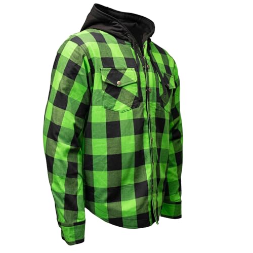 Milwaukee Leather Mens Hooded Flannel Motorcycle Shirt w/CE Approved Armor - Reinforced w/Aramid Fibers - X-Large