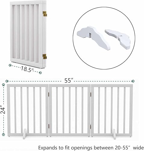 Image of Belief Foldable Wooden Pet Gate for Dogs & Cats - Indoor Safety Barrier for Doorways, Hallways & Stairs | Free-Standing, Portable White Dog Fence - 3 Panel, 60 cm Height (【3 Panels 】 59''W x 24''H)