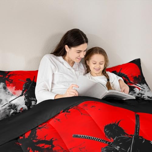 Image of Feelyou Japanese Samurai Comforter Set All Season Warrior Bushido Bedding Set with 1 Pillow Cases Black Red Microfiber Kids Toddler Bedclothes Mount Fuji Bedroom Decor Duvet Quilt Breathable Soft