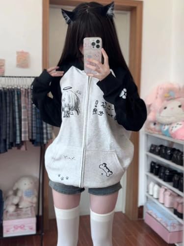 Y2k Kawaii Cartoon Anime Paw Print Harajuku Grunge Baggy Zip Up Hoodies Vintage Cutecore Preppy Loose Casual Jacket4