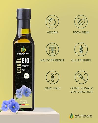 Kräuterland Bio Leinöl 4X250ml (1L), Bio Leinsamen, kaltgepresst, mild & nussig, reich an Lignane und Omega 3-6-9 Fettsäuren, naturrein ohne Zusatzstoffe, glasflasche, mühlenfrisch