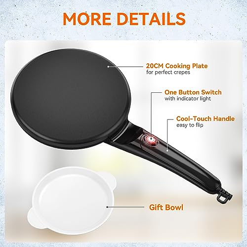 Crepes Maker, Elektrischer CrêpeMaker mit Griff, Antihaftbeschichtung, Heizfläche mit Ø 20 cm, 800W, Automatische Temperaturkontrolle, Einfache Bedienung, Für Crepes, Pancakes und Taccos. – Bild 6