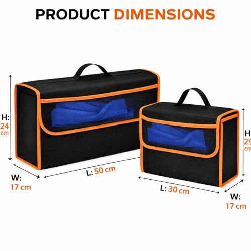 Image of JVCV Car Trunk Organizer Foldable Storage Bags with Mesh Pocket | Anti Slip Car Dicky Universal Organizer Set for SUV Hatchback Sedan (Combo - Large + Small - Black Orange)