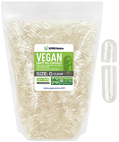 Image of XPRS Nutra Size 0 Empty Capsules - 5000 Count Clear Empty Vegan Capsules - Vegetarian Pills - DIY Vegetable Capsule Filling - Veggie Pill Caps for Do-It-Yourself Supplements