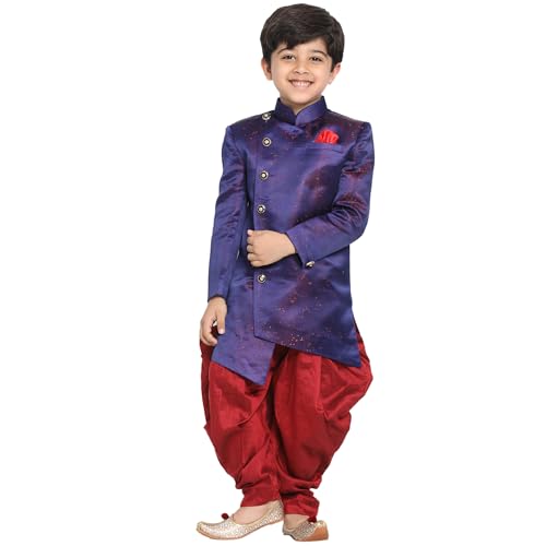 Image of JBN Creation boys JBN Creation Boys' Blue And Maroon Silk Blend Indowestern Sherwani And Dhoti Set