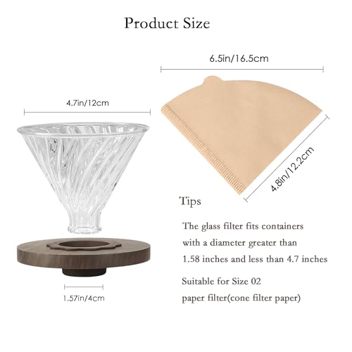 Lalord Pour Over Coffee Dripper with 100 pcs Size 02 Paper Filter, Walnut Handle and Borosilicate Glass, Glass Coffee Dripper, Hold for 1-4 Cups