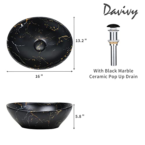 Davivy 16'' X 13.2'' Matte Black Oval Vessel Sink With Pop Up Drain,Bathroom Vessel Sinks,Bathroom Sinks Above Counter,Ceramic Vessel Sink,Counter Top Sink,Black Sink Bowls For Bathroom #TOP1
