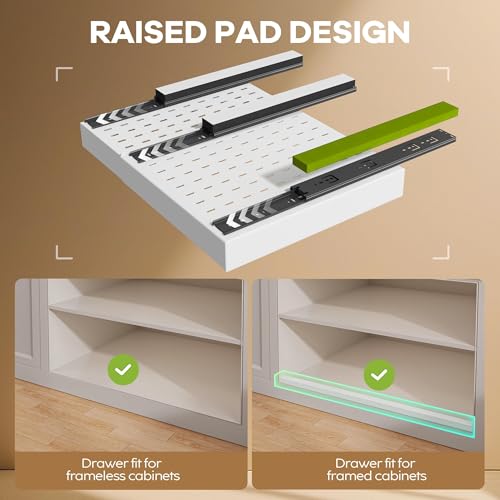 Seinloes 2 Pack Pull out Cabinet Organizer 21\"Deep With Raising Pad for Framed Cabinets, Expandable Slide out Drawers for Kitchen Cabinets with 4pcs Divider Racks, Roll out Shelves 12.1\"-20.4\" W White - Thumbnail 3