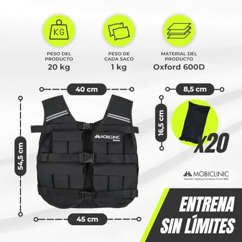 Mobiclinic®, Chaleco lastrado, De peso, Ajustable, Resistente, Tela oxford 600d, Incluido, Bandas reflectantes, Transpirable, Con pesas para entrenamiento fitness, Iron20 - imagen 2