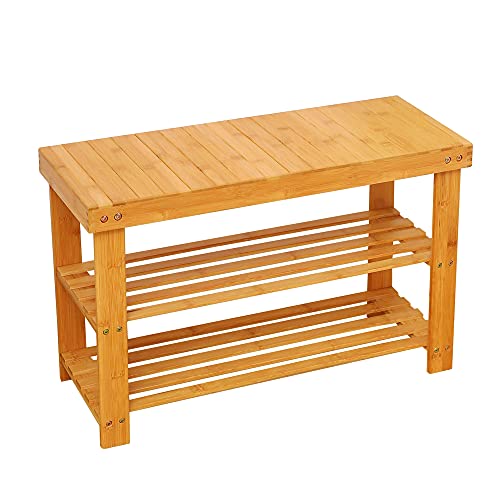 YUHUAWYH Two-Tier Natural Bamboo Entryway Bench #TOP8