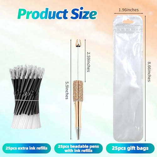 Image of 150 Pcs DIY Diamond Beadable Pen Kit - 50 Plastic Rhinestone Beaded Pens Bulk with Refills & Bags - Fancy Cute Glitter Pens for Crafting, Students & Teachers - School Supplies (Gold)