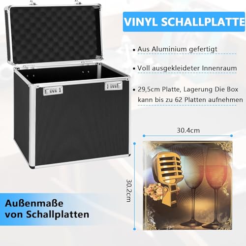 OUUTMEE Schallplattenkoffer, Speicherkapazität: ca. 50 Schallplatten, schwarz, Design aus Aluminiumlegierung Höhe 340 x Breite 365 x Tiefe 205 mm Hält etwa 50 LPs