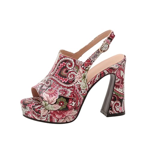 JANSEVEN Platform Heels Sandals Floral Chunky Block High Heel Pump Multicolor Ankle Strap Pumps Sexy Dress Wedding Bridal Shoes Size 4.5-10