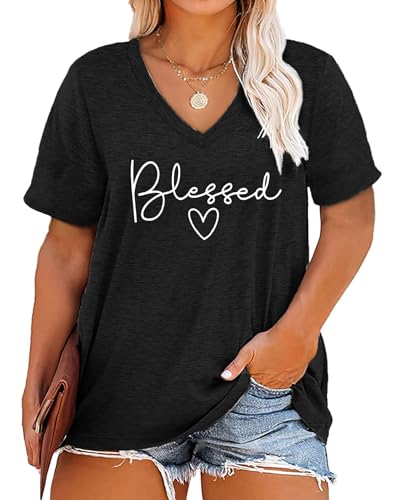Plus Size Blessed Shirts Women V Neck T Shirts Short Sleeve Tshirts Summer Tops