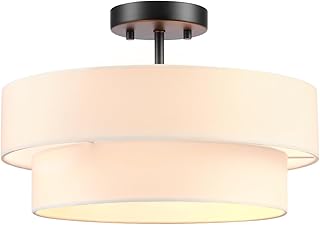 Globe Electric 2-Light Matte Black Semi-Flush Mount Ceiling Light with 2-Tier White Linen Shade