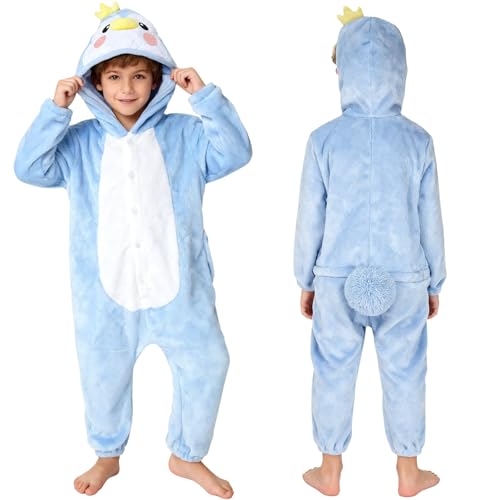 PinkSheep Pigiama Invernale Onesie per Bambini, Simpatico Pigiama a Forma di Animale dei Cartoni Animati per Ragazzi e Ragazze, Morbida Tuta Costume di Travestimento per Bambini, Pinguino., 7-8 Years
