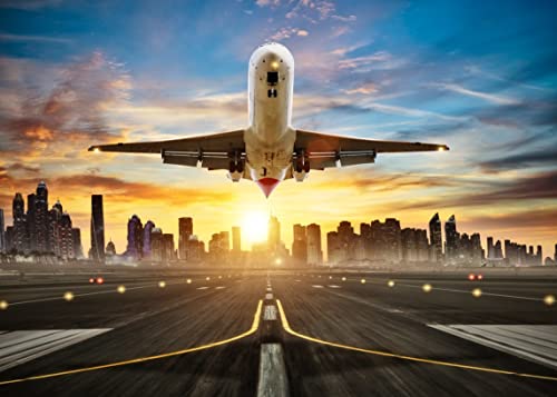 BELECO Airplane Backdrop 8x6ft Fabric Commercial Airplane Landing Airport Runway Background Modern City Skyscrapers Sunset Sky Scenery for Party Decorations Holiday Travel Photo Shoot Studio Props