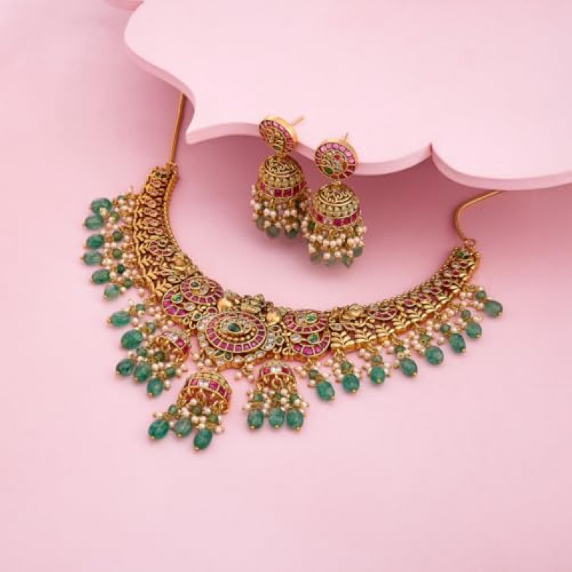 Ruby-Green Gold Polished Copper Antique Necklace