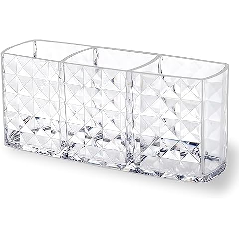 MOSIKER Makeup Brush Holder for Vanity,Acrylic Clear Small Compact Nail Hair Lip Liner Brush Pen Organizer with 3 Slots Cover