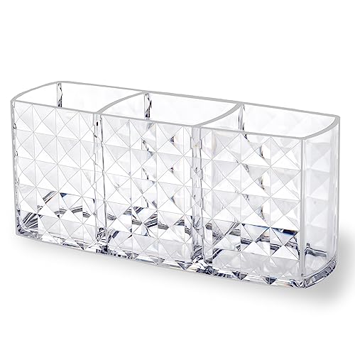 Image of MOSIKER Makeup Brush Holder for Vanity,Acrylic Clear Small Compact Nail Hair Lip Liner Brush Pen Organizer with 3 Slots