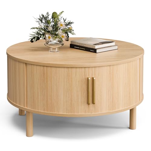 Image of ZttRiee Round Coffee Table with Sliding Doors, Modern, Natural | O30.0 inchD x 16.3 inchH, 200 lbs capacity, dual sliding-door storage, ~45 min assembly.