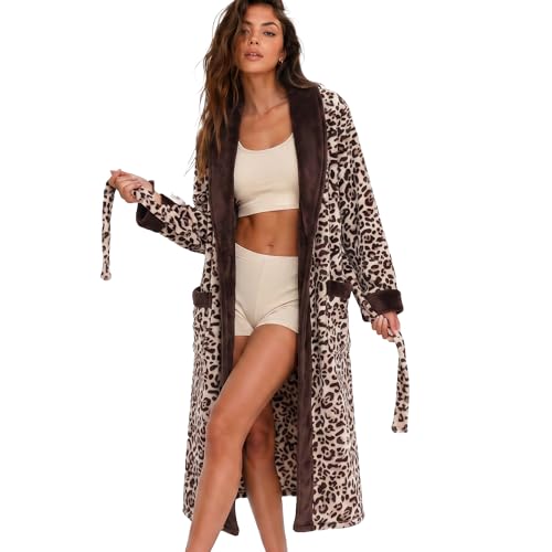 U2SKIIN Womens Leopard Print Fleece Robe Long Plush Flannel Bathrobe with Pockets Cozy Shawl Collar Housecoat Warm Loungewear for Winter Sleepwear (Coffee Leopard-Beige S/M)