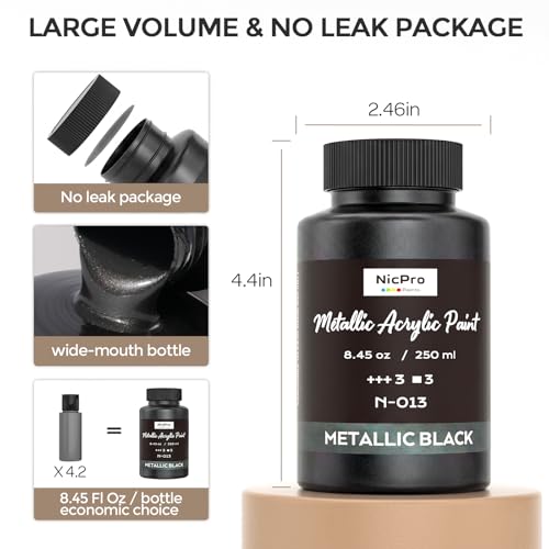 Image of Nicpro Metallic Black Acrylic Paint, 8.45oz /250ml Large Black Craft Paint | Pearlescent Non Toxic, Non Fading Paints for Metal, Wood, Clay, Fabric, Canvas, Ceramic, Furniture, Handcrafts Art Supplies