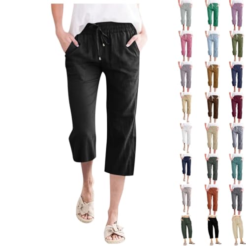 Capri Pants for Women Casual Cotton Linen Summer Pants Drawstring Elastic Waist Cropped Wide Leg Trousers Plus Size Capris