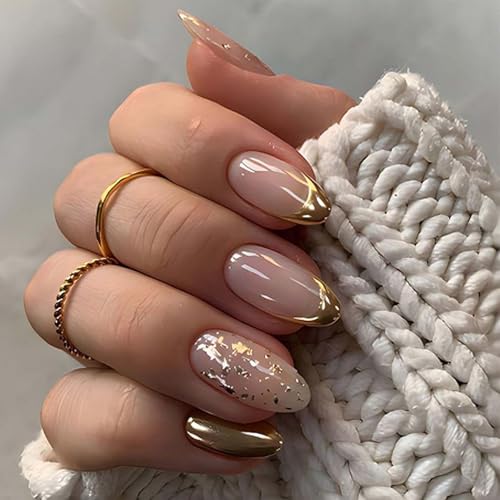 Press On Nails Glitter Golden Press On Nails Almond Fake Nails Set for Professional Women Quick Fix Nails for Events and Daily Wear Reusable Artificial Nails with Shimmer Finish