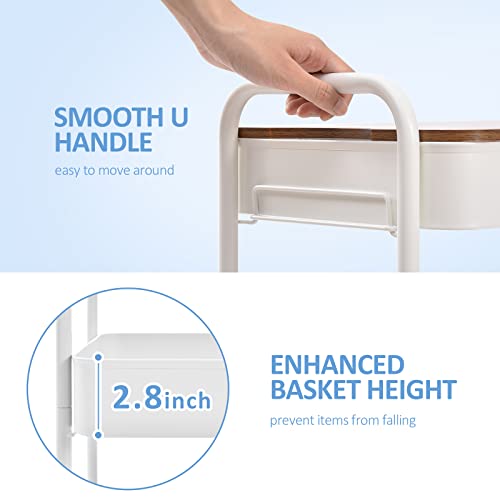 TOOLF 3-Tier Rolling Cart with Table Top, Metal Storage Cart on Wheels, Utility Organizer with Wooden Tray, Lockable Casters, Easy Assembly for Bathroom, Living Room, Office, Kitchen, White