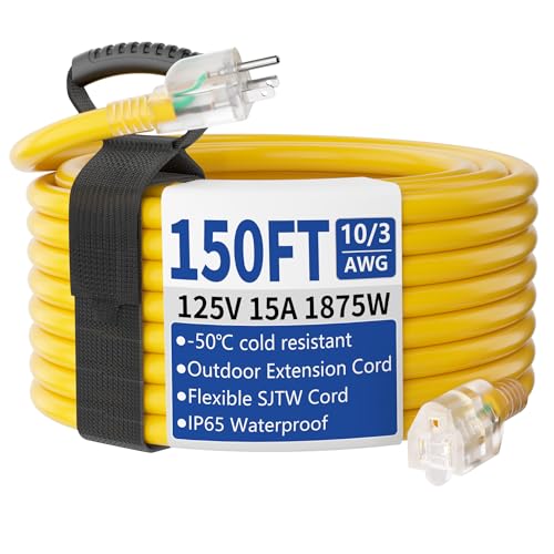 Cismorvex 150ft Outdoor/Indoor Extension Cord with Lighted 10/3 Gauge Ultra 3 Prong Heavy Duty SJTW Waterproof Flexible Cold-Resistant 15A 125V 1875W Yellow