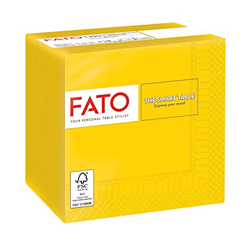 Fato - Lot de 100 Serviettes de Table Papier Jetables, Idéal Pour Les Apéritifs Et Cocktails, Taille 24x24, Pliés en 4 et 2 Plis, Couleur Jaune, 100% Pure Cellulose, Certifié FSC
