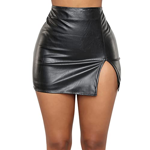 Black Leather Mini Skirt - High Rise, Split Bodycon, Back Zipper, PU Leather, High Waist Clubwear...