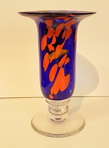 Blauwe oranje vaas met voet tulpenvaas gekleurd glazen vaas met grote opening blauw oranje gemarmerd decoratief kristalglas bloemenvaas aan de voet mondgeblazen hoogte ca. 25 cm Oberstdorfer Glashütte - Afbeelding 3