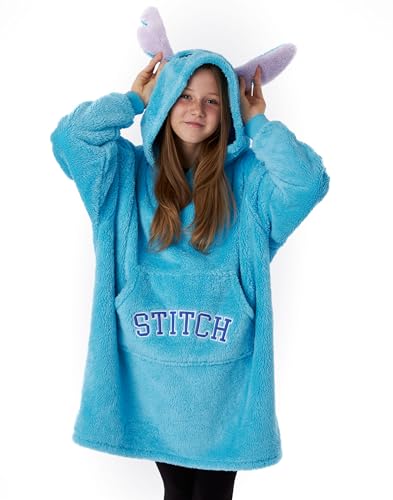Disney Tragbare Decke für Mädchen von Lilo & Stitch in Blau | Kuschel-Fleece-Hoodie für Kinder mit Charakter | Warmer und gemütlicher Loungewear-Pullover mit Kapuze