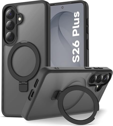 Image of DIZORO Polycarbonate Magnetic Ostand Ring Basic Case Fit Compatible with Samsung Galaxy S26 Plus Case, Compatible with Wireless Charging, Military Grade Drop Translucent Hard Back Cover (Black)
