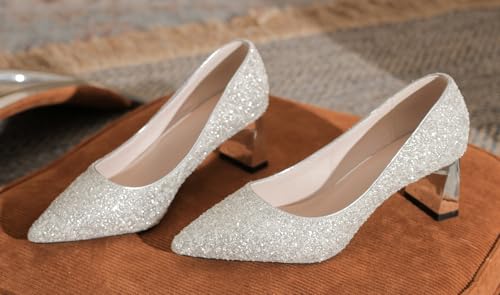 YooPrettyz Women Shimmery Mid Heels Wedding Pointed Toe Sequined Evening Bridal Dress Block Heels Shoes2