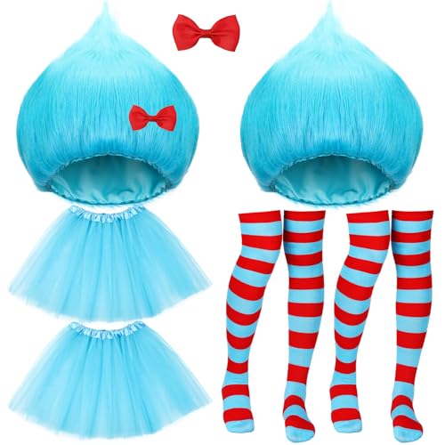 Yearntown 8 Pcs Blue Thing Costume Set, Outfit Accessories with Blue Hairy Wig Red Bow Tutu Skirt...
