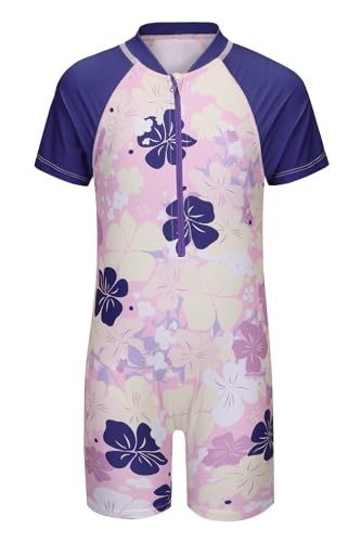 Image of Girls Rash Guard Swimsuits One Piece Bathing Suits for Girls UPF 50+ Sun Protection Short Sleeve Sunsuits Zipper