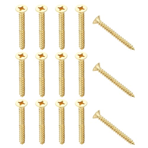 Tornillos de madera de latón autorroscantes, M6 x 40 mm, cabeza plana con cruz para bisagras de puertas, electrónica y muebles (paquete de 25, tono dorado) miniatura 1