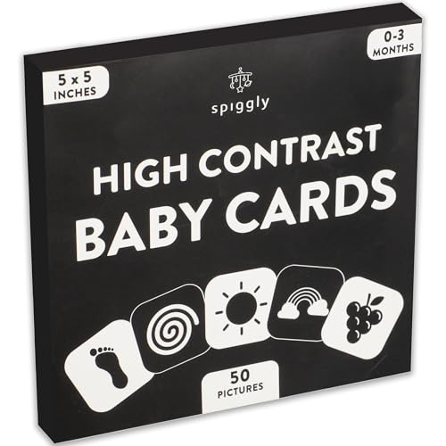 Image of Spiggly High Contrast Baby Visual Stimulation Cards - 50 Pictures for Newborn Activities - Black and White Cards for Infants 0-6 Months - Toys Gift